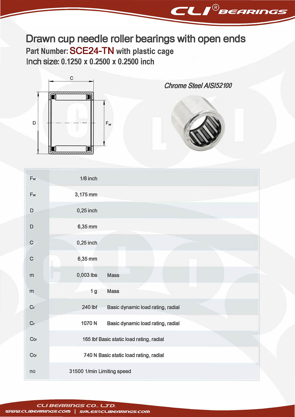 Original sce24 tn 0 1250 x 0 2500 x 0 2500 inch drawn cup needle roller bearings with open ends with plastic springs   cli bearings co ltd nw