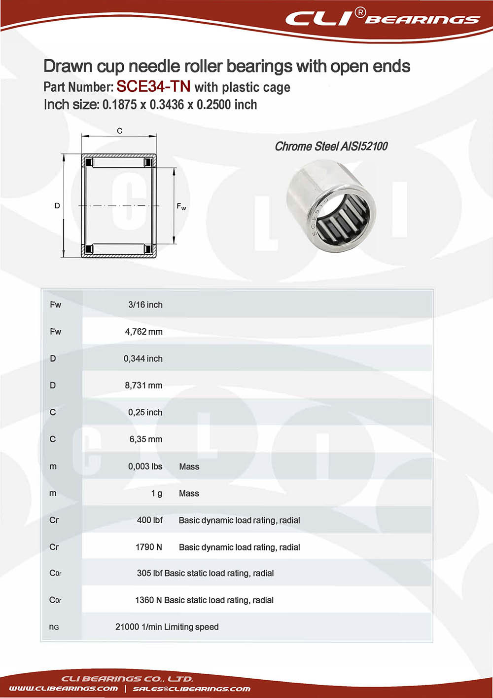 Original sce34 tn 0 1875 x 0 3436 x 0 2500 inch drawn cup needle roller bearings with open ends with plastic springs   cli bearings co ltd nw