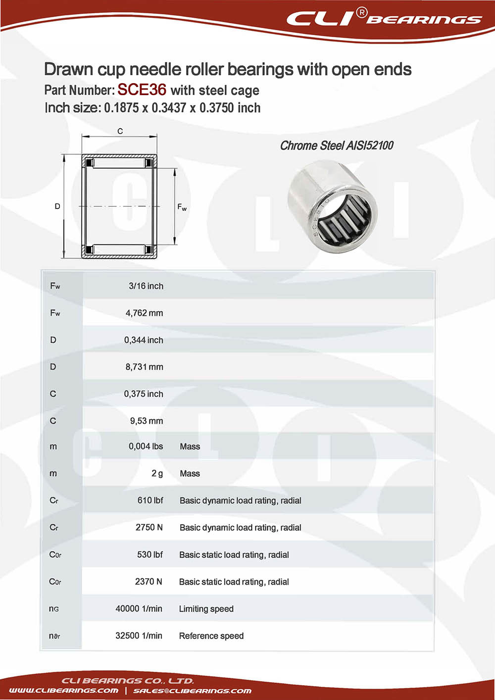 Original sce36 0 1875 x 0 3437 x 0 3750 inch drawn cup needle roller bearings with open ends with steel springs   cli bearings co ltd nw