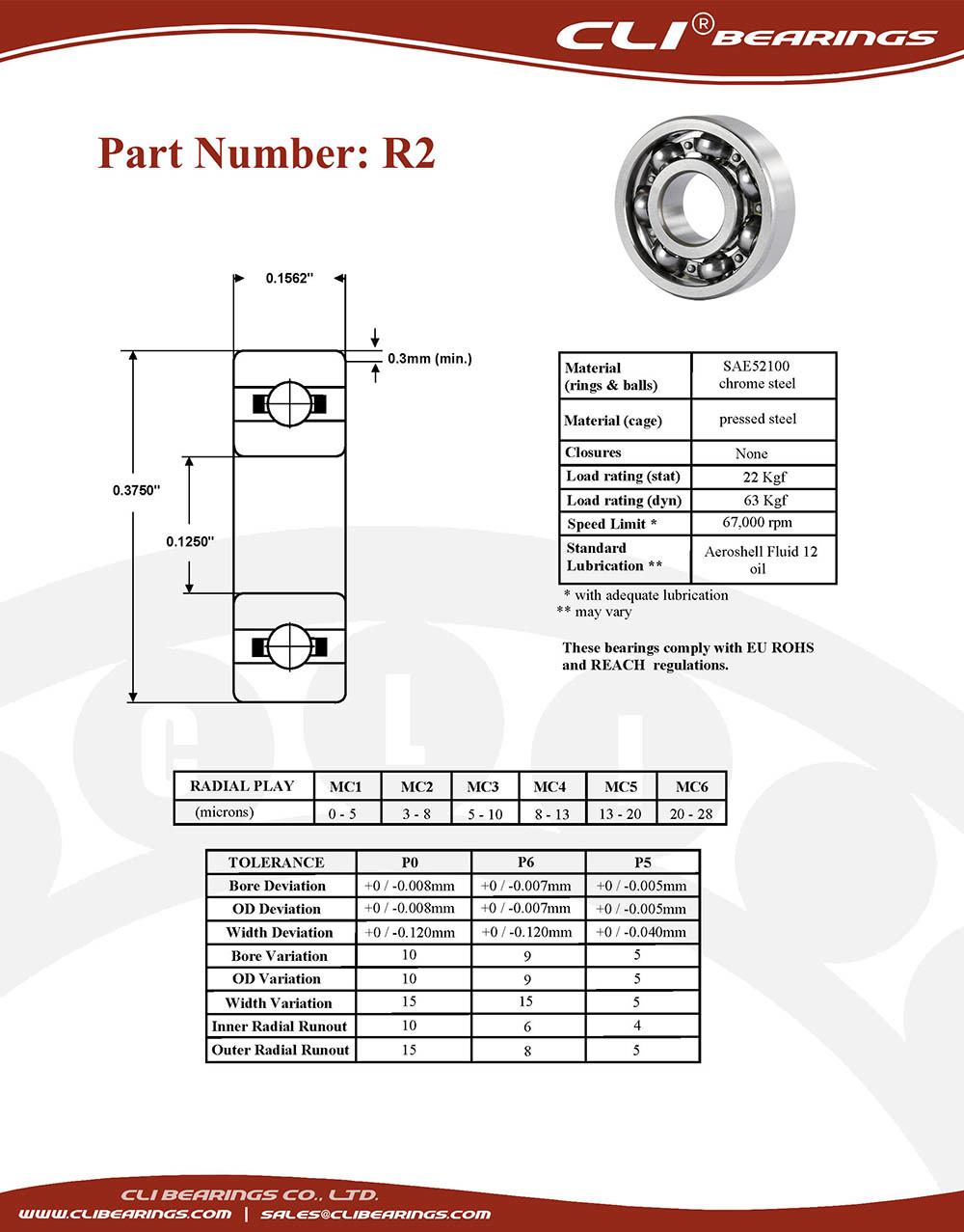 Original r2 miniature bearing 1 8x3 8x5 32 0 125 x 0 375 x 0 156   cli bearings co ltd nw