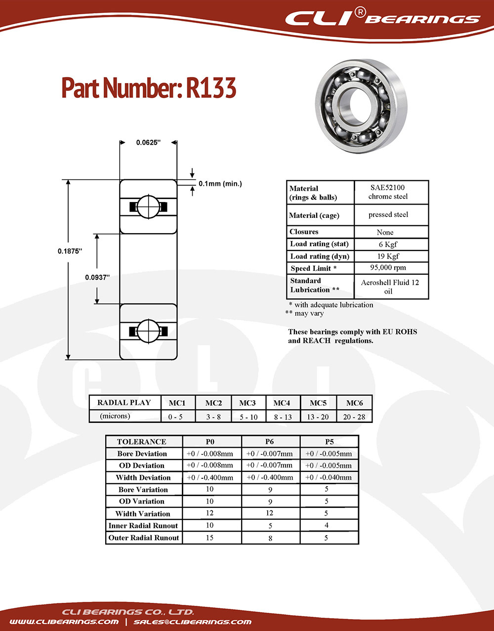 Original r133 miniature bearing 3 32x3 16x1 16 0 0937 x 0 1875 x 0 0625 inch   cli bearings co ltd nw
