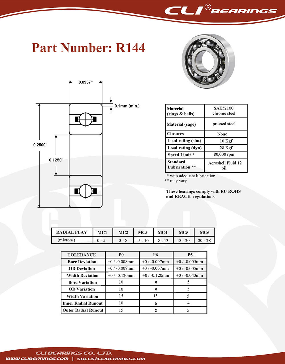 Original r144 miniature bearing 1 8x1 4x3 32 0 125 x 0 25 x 0 0937 inch   cli bearings co ltd nw