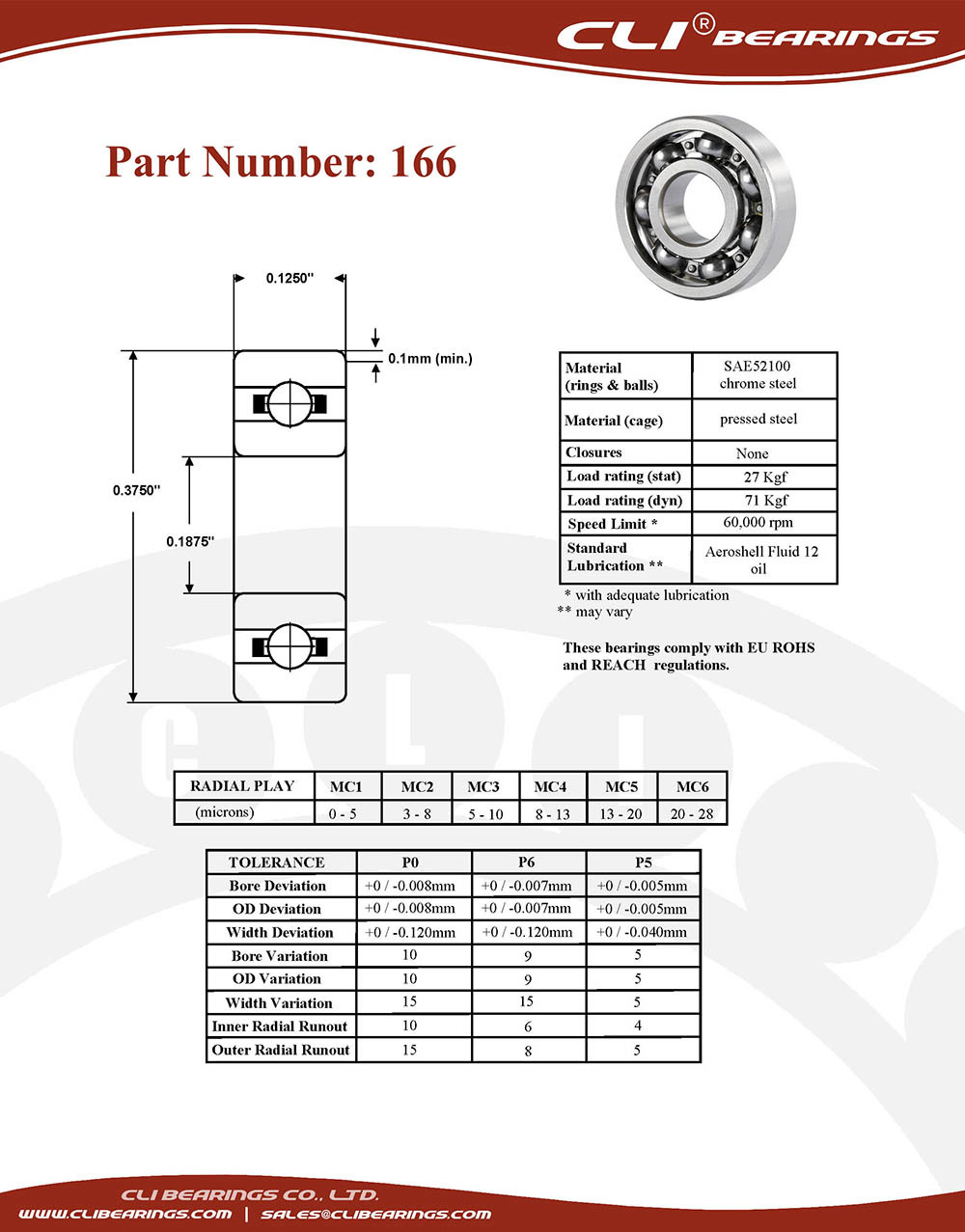 Original r166 miniature bearing 3 16x3 8x1 8 0 1875 x 0 375 x 0 125 inch   cli bearings co ltd nw