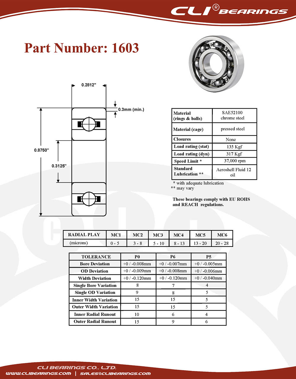Original 1603 miniature bearing 5 16x7 8x9 32 0 3125 x 0 6875 x 0 2812   cli bearings co ltd nw