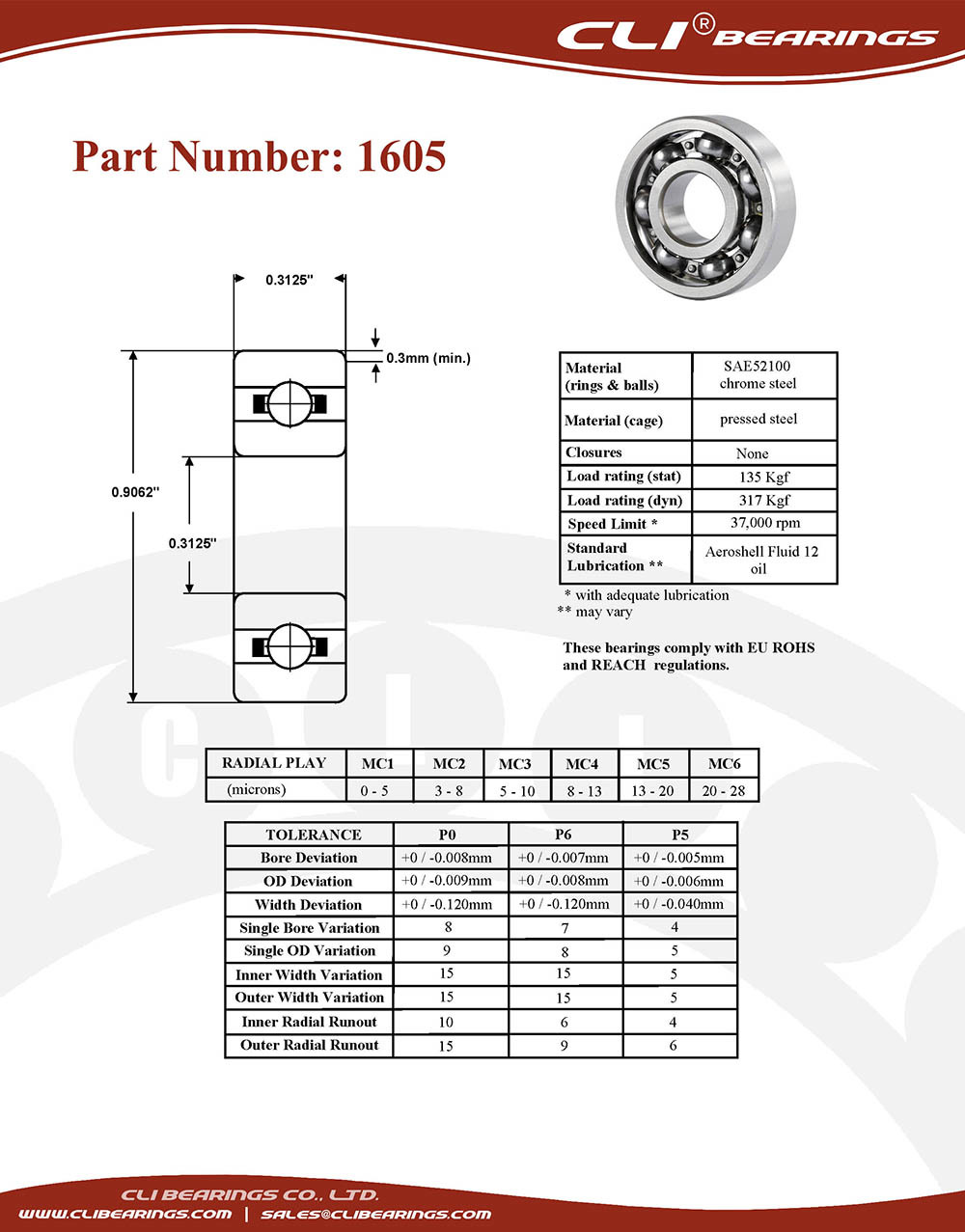 Original 1605 bearing 5 16x29 32x5 16 0 3125 x 0 9062 x 0 3125   cli bearings co ltd nw