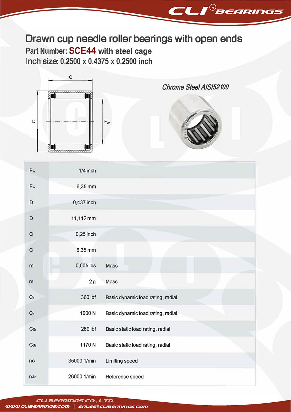 Original sce44 0 2500 x 0 4375 x 0 2500 inch drawn cup needle roller bearings with open ends with steel springs   cli bearings co ltd nw