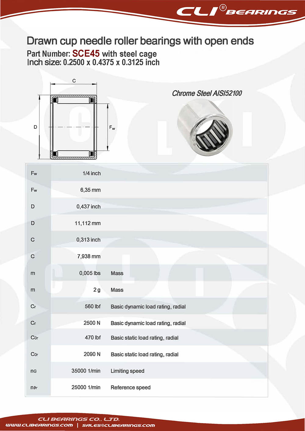 Original sce45 0 2500 x 0 4375 x 0 3125 inch drawn cup needle roller bearings with open ends with steel springs   cli bearings co ltd nw