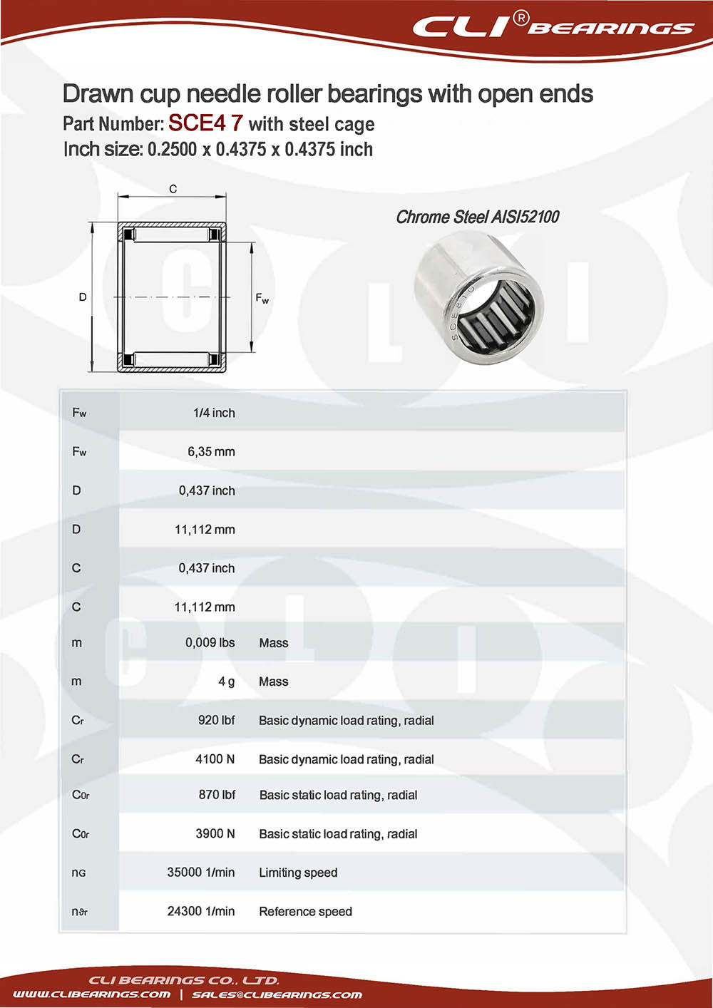 Original sce47 0 2500 x 0 4375 x 0 4375 inch drawn cup needle roller bearings with open ends with steel springs   cli bearings co ltd nw