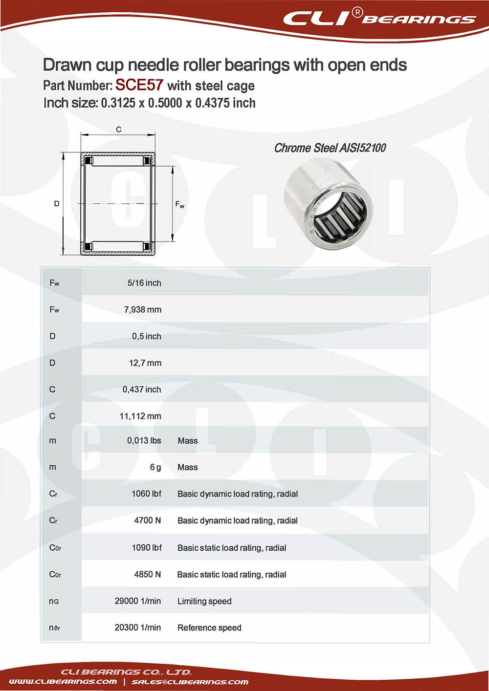 Original sce57 0 3125 x 0 5000 x 0 4375 inch drawn cup needle roller bearings with open ends with steel springs   cli bearings co ltd nw