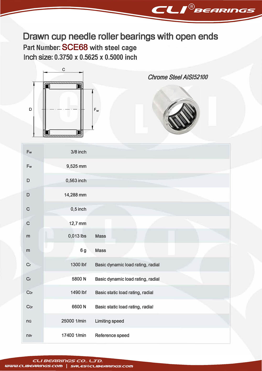 Original sce68 0 3750 x 0 5625 x 0 5000 inch drawn cup needle roller bearings with open ends with steel springs   cli bearings co ltd nw