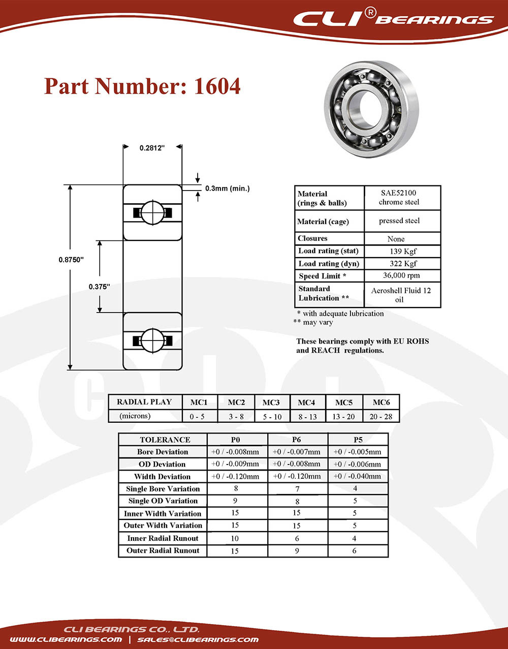 Original 1604 bearing 3 8x7 8x9 32 0 375 x 0 6875 x 0 2812   cli bearings co ltd nw