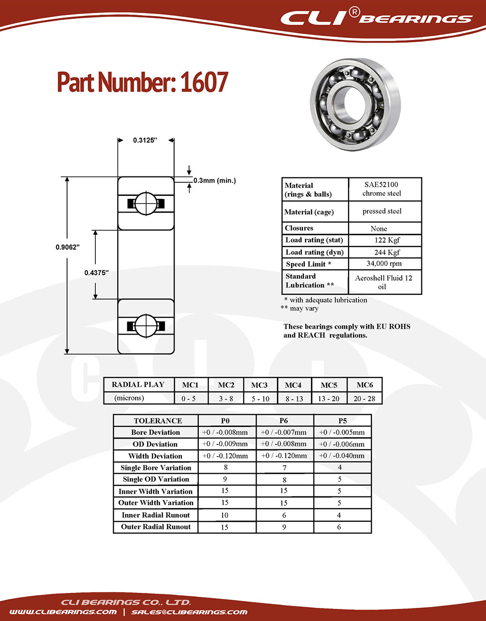 Original 1607 bearing 7 16x29 32x5 16 0 4375 x 0 9062 x 0 3125   cli bearings co ltd nw