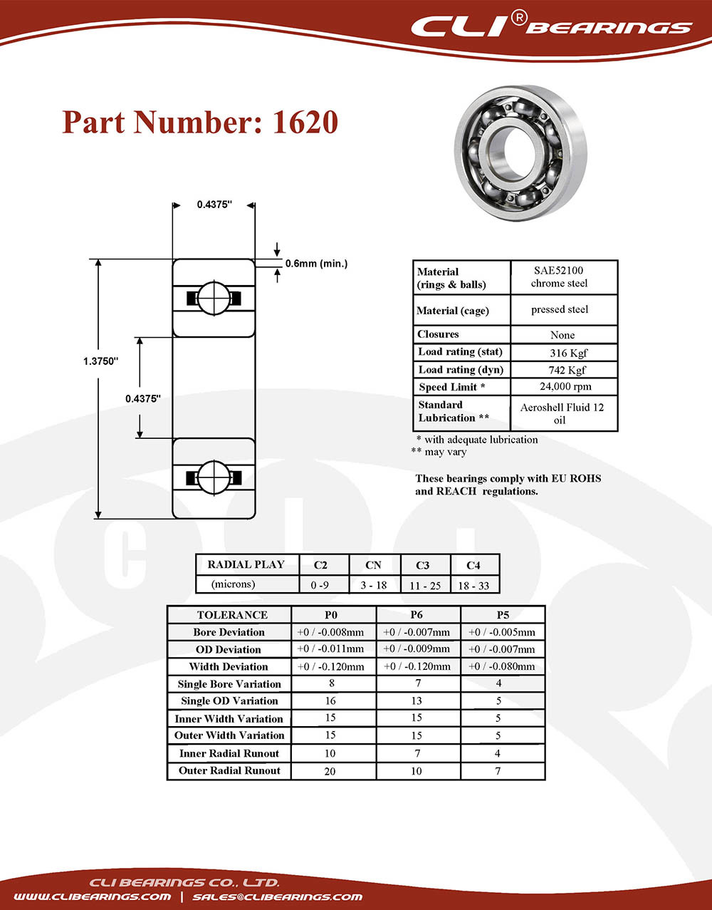 Original 1620 bearing 7 16x1 3 8x7 16 0 4375 x 1 375 x 0 4375 inch   cli bearings co ltd nw