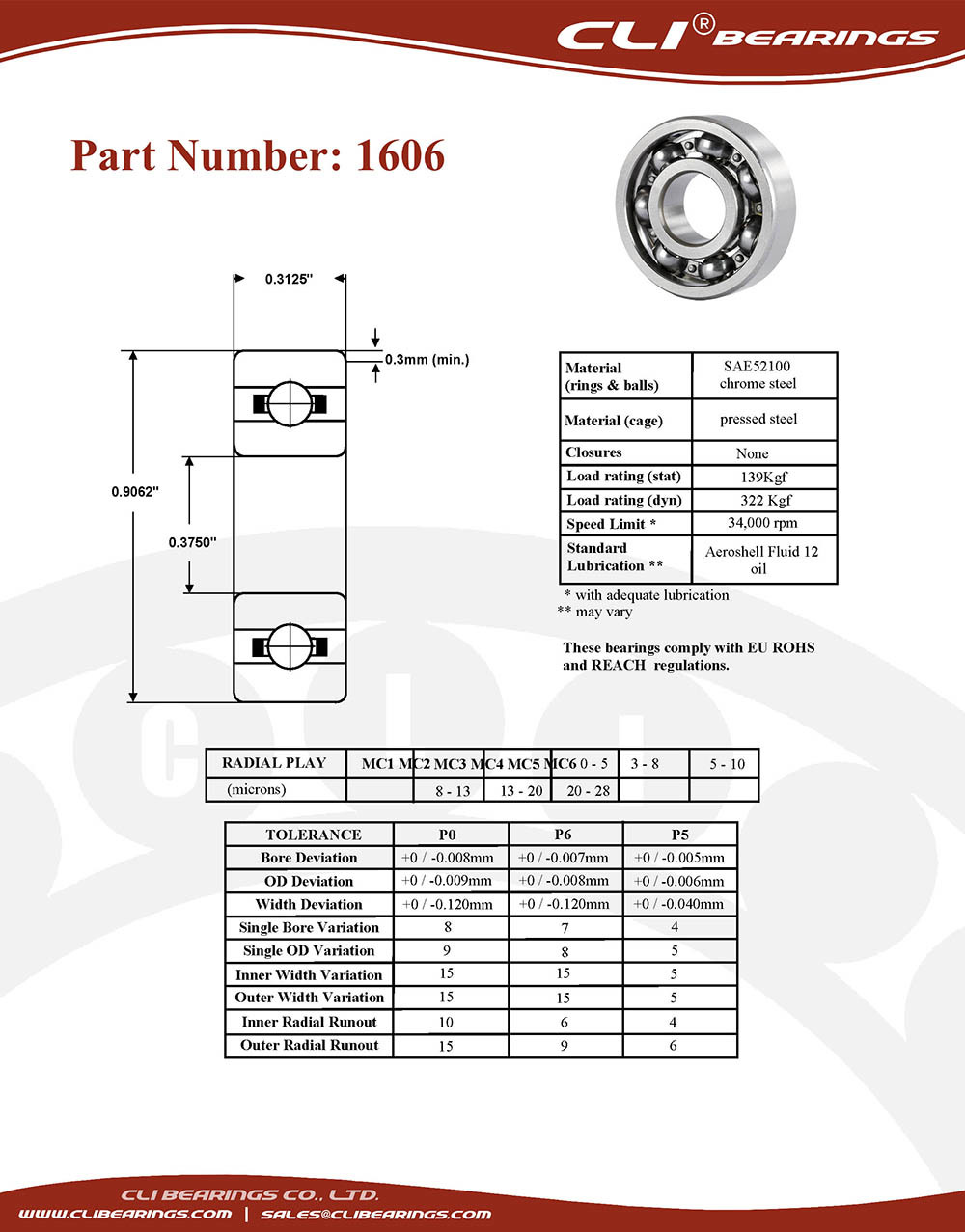 Original 1606 bearing 3 8x29 32x5 16 0 375 x 0 9062 x 0 3125   cli bearings co ltd nw