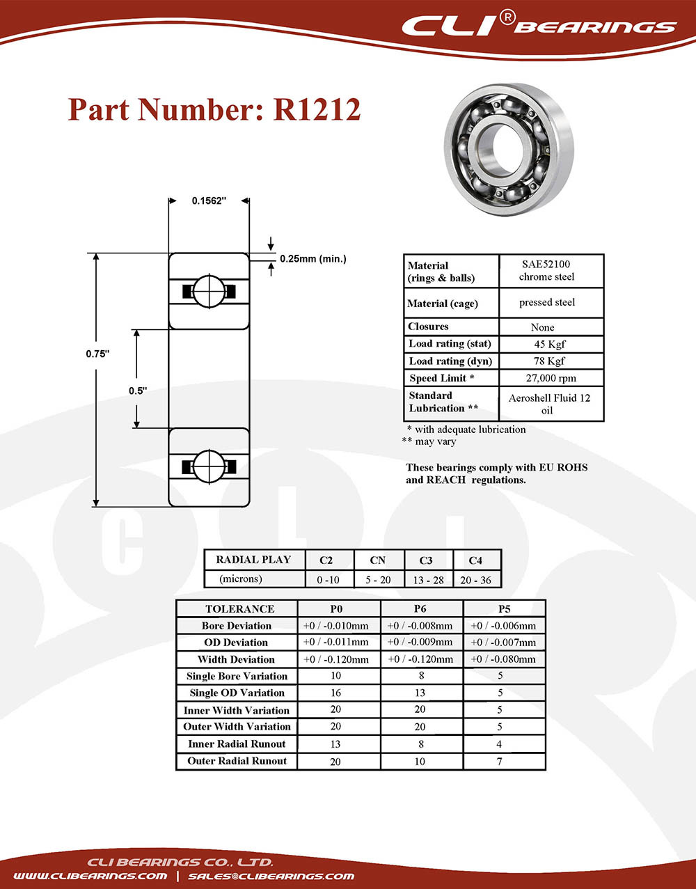 Original r1212 miniature bearing 1 2x3 4x5 32 0 5 x 0 75 x 0 1562 inch   cli bearings co ltd nw