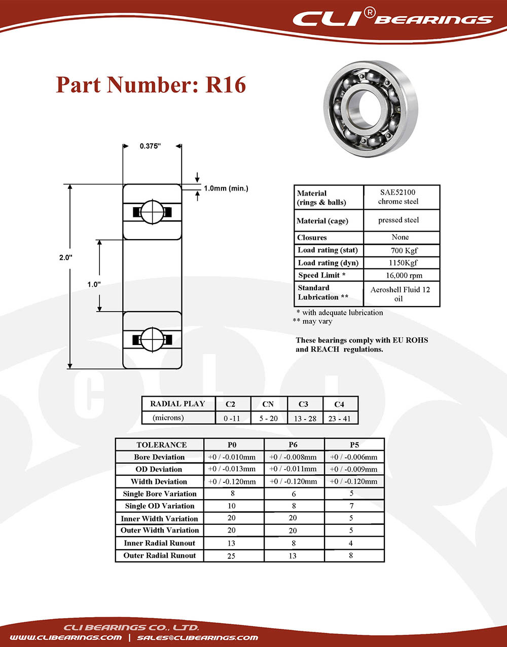 Original r16 miniature bearing 1x2x3 8 1 x 2 x 0 375 inch   cli bearings co ltd nw
