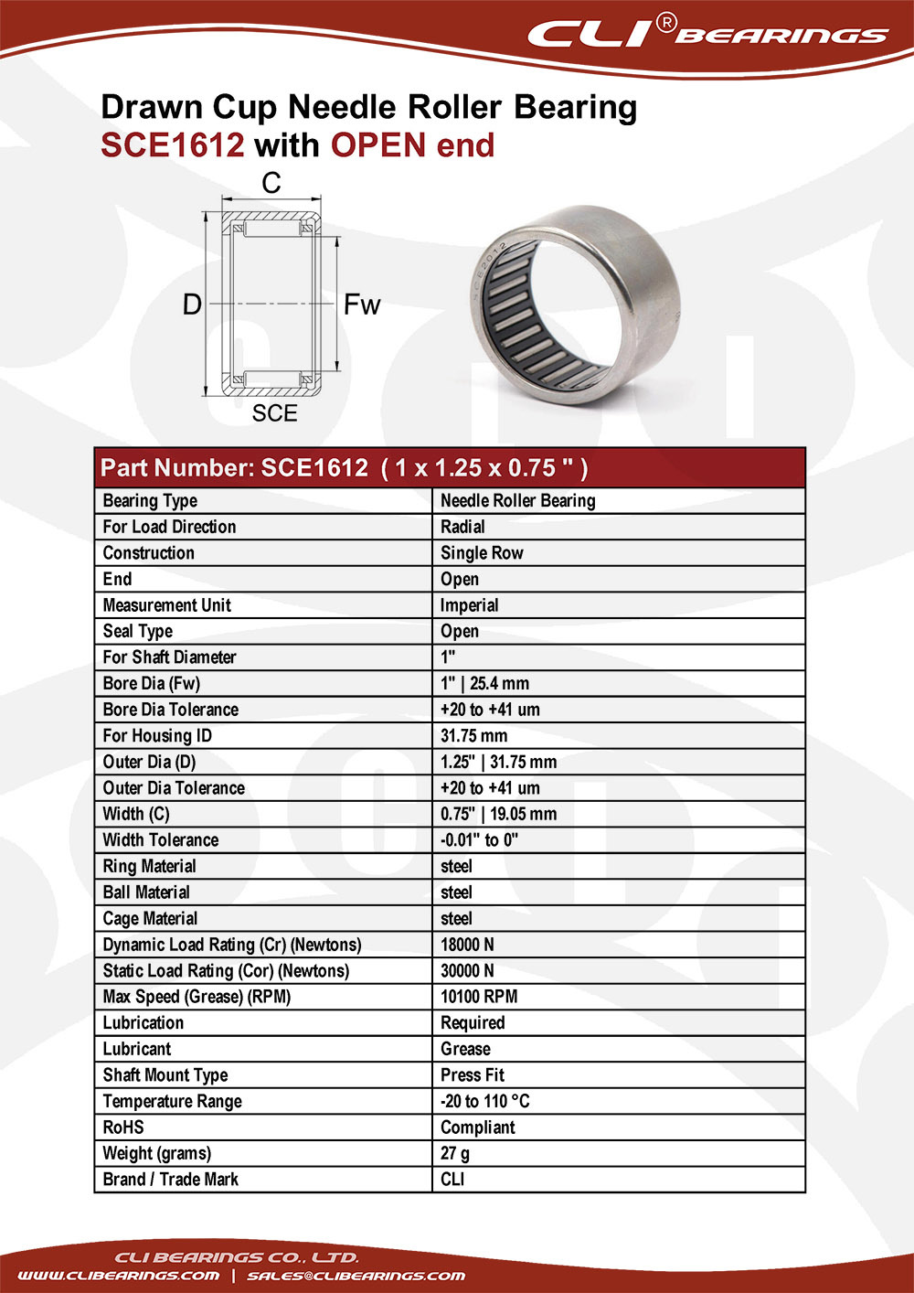 Original sce1612 1x1 25x0 75 drawn cup needle roller bearings with open ends   cli bearings co ltd nw