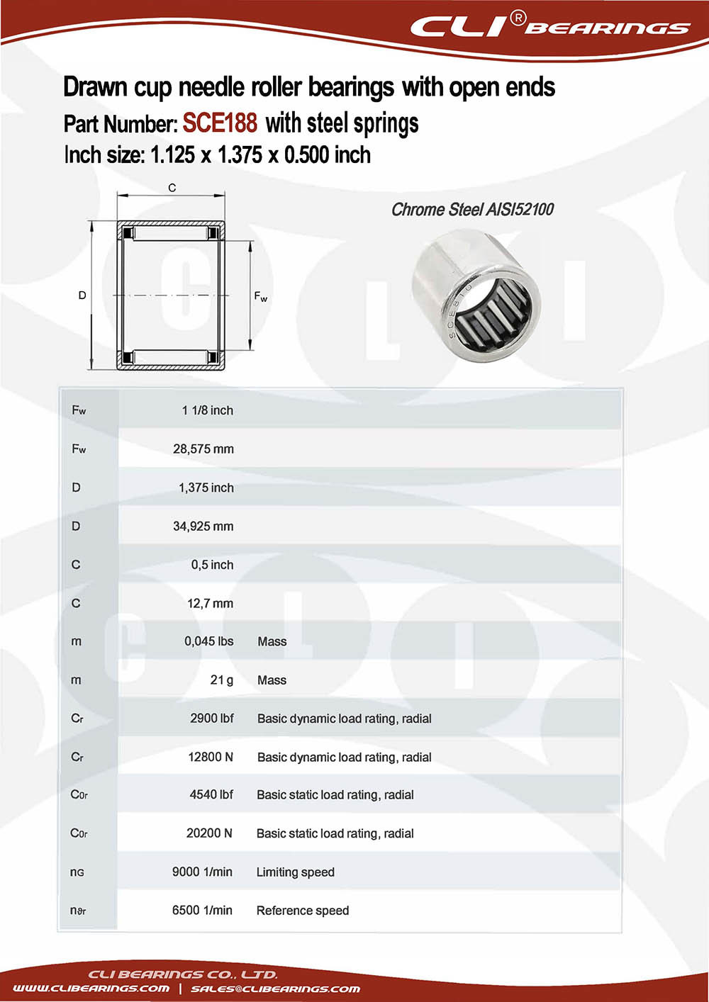 Original sce188 1 125x1 375x0 500 inch drawn cup needle roller bearings with open ends with steel springs   cli bearings co ltd nw