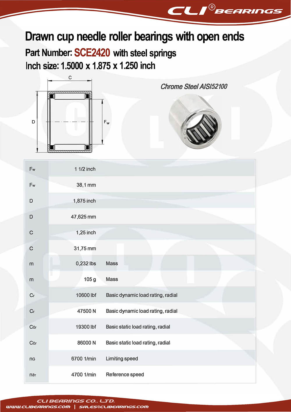 Original sce2420 1 500x1 875x1 250 inch drawn cup needle roller bearings with open ends with steel springs   cli bearings co ltd nw