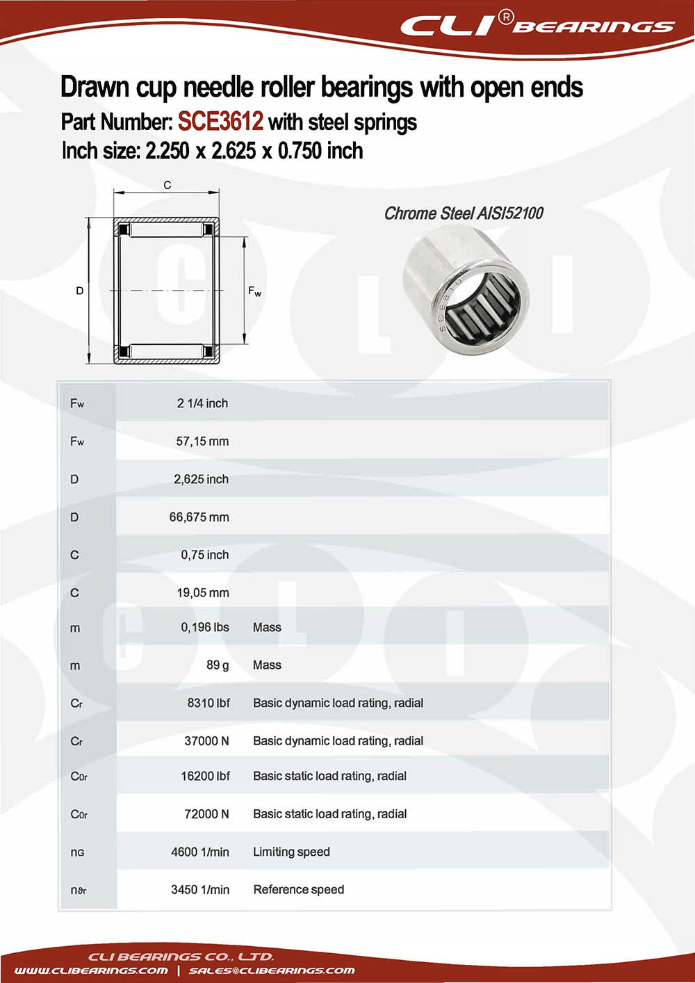 Original sce3612 2 250x2 625x0 750 inch drawn cup needle roller bearings with open ends with steel springs   cli bearings co ltd nw