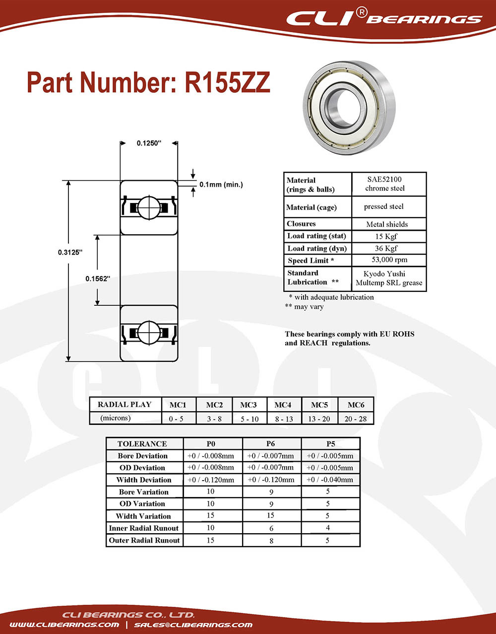 Original r155zz miniature bearing 5 32x5 16x1 8 0 1562 x 0 3125 x 0 125 inch   cli bearings co ltd nw