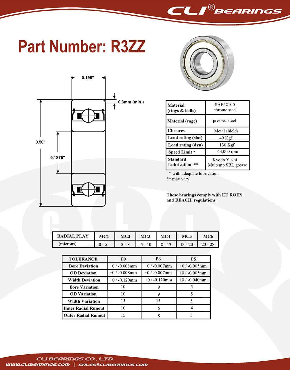 Original r3zz miniature bearing 3 16x1 2x0 196 0 1875 x 0 5 x 0 196 inch   cli bearings co ltd nw