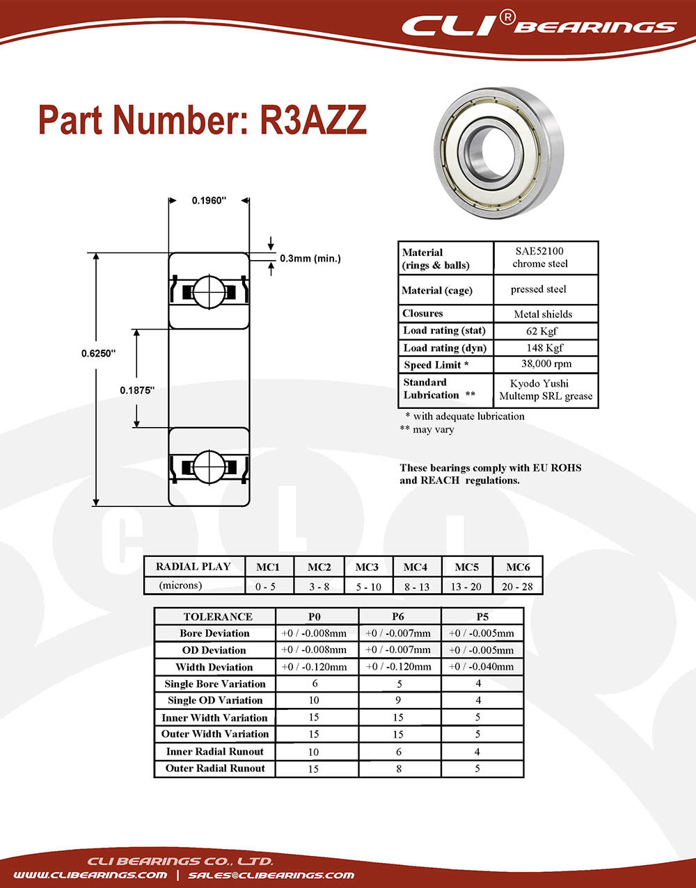 Original r3azz miniature bearing 3 16x5 8x0 196 0 1875 x 0 625 x 0 196 inch   cli bearings co ltd nw