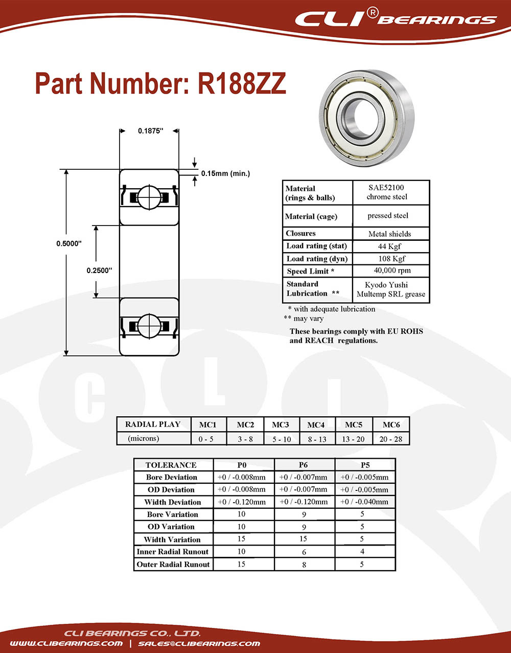 Original r188zz miniature bearing 1 4x1 2x3 16 0 25 x 0 5 x 0 1875 inch   cli bearings co ltd nw