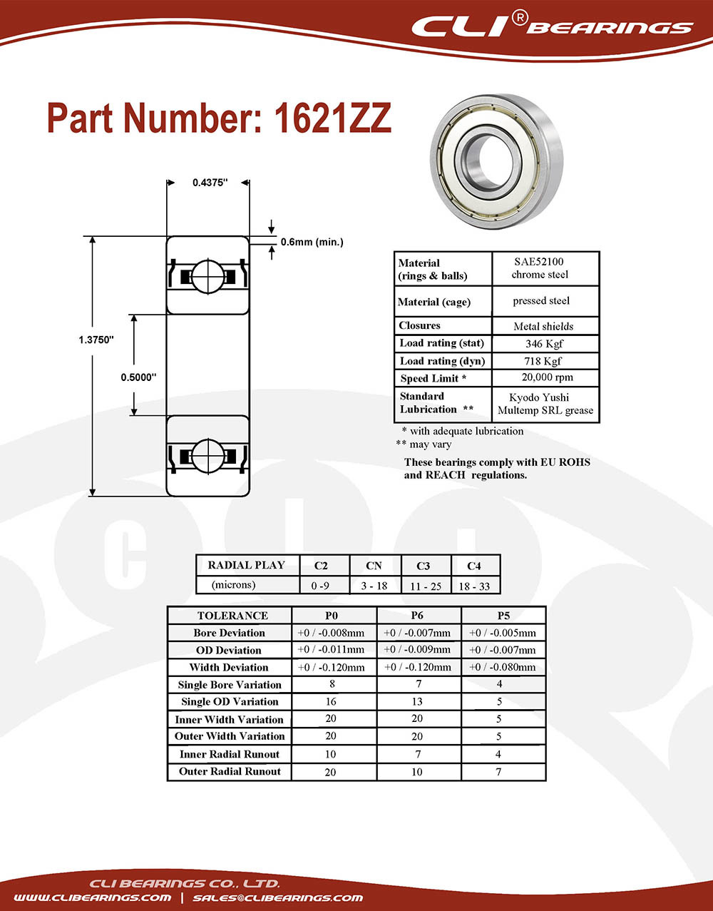 Original 1621zz bearing 1 2x1 3 8x7 16 0 50 x 1 375 x 0 4375 inch   cli bearings co ltd nw