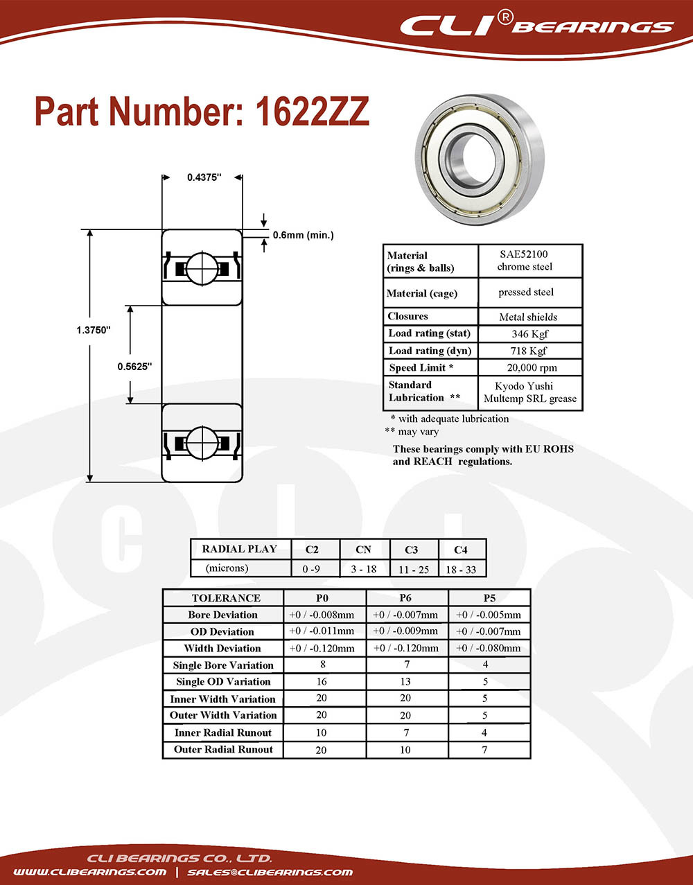 Original 1622zz bearing 9 16x1 3 8x7 16 0 5625 x 1 375 x 0 4375 inch   cli bearings co ltd nw