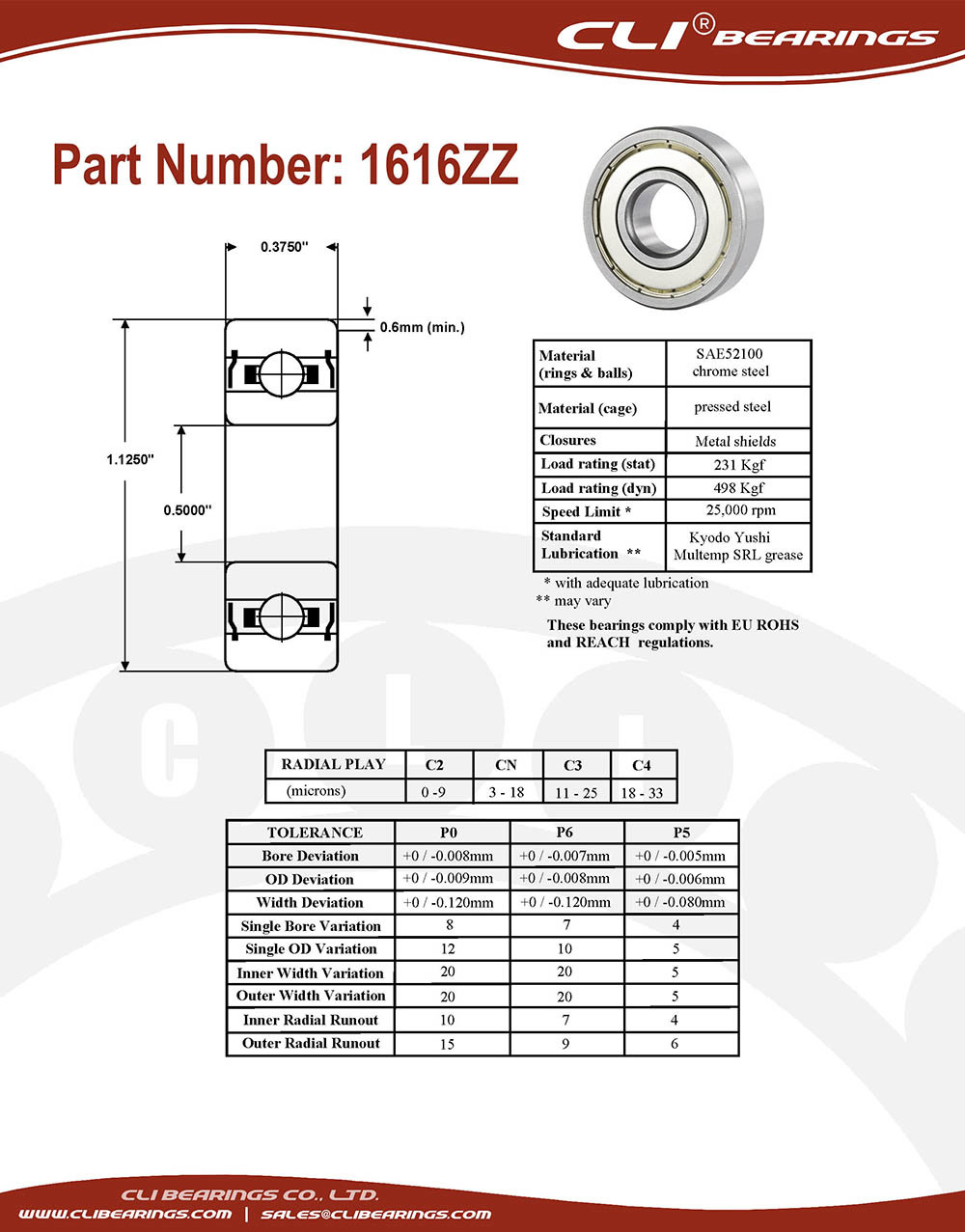 Original 1616zz bearing 1 2x1 1 8x3 8 0 50 x 1 125 x 0 375 inch   cli bearings co ltd nw