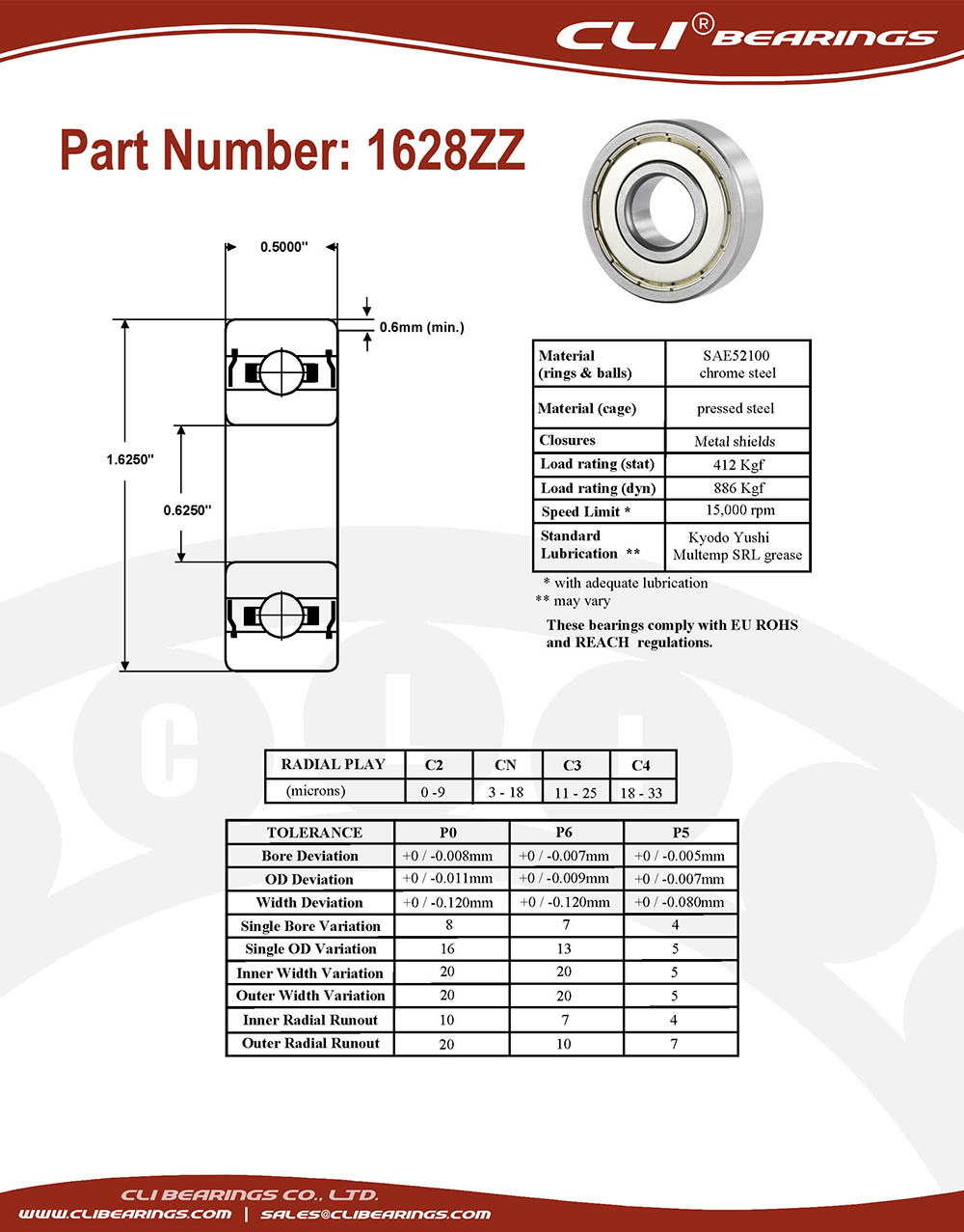 Original 1628zz bearing 5 8x1 5 8x1 2 0 625 x 1 625 x 0 50 inch   cli bearings co ltd nw