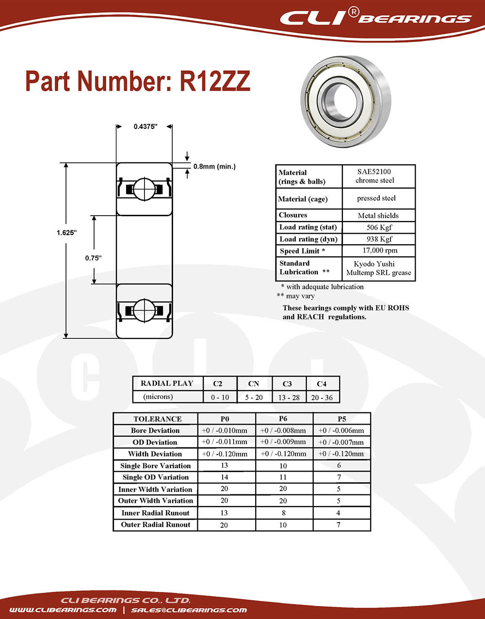 Original r12zz miniature bearing 3 4x1 5 8x7 16 0 75 x 1 625 x 0 4375 inch   cli bearings co ltd nw