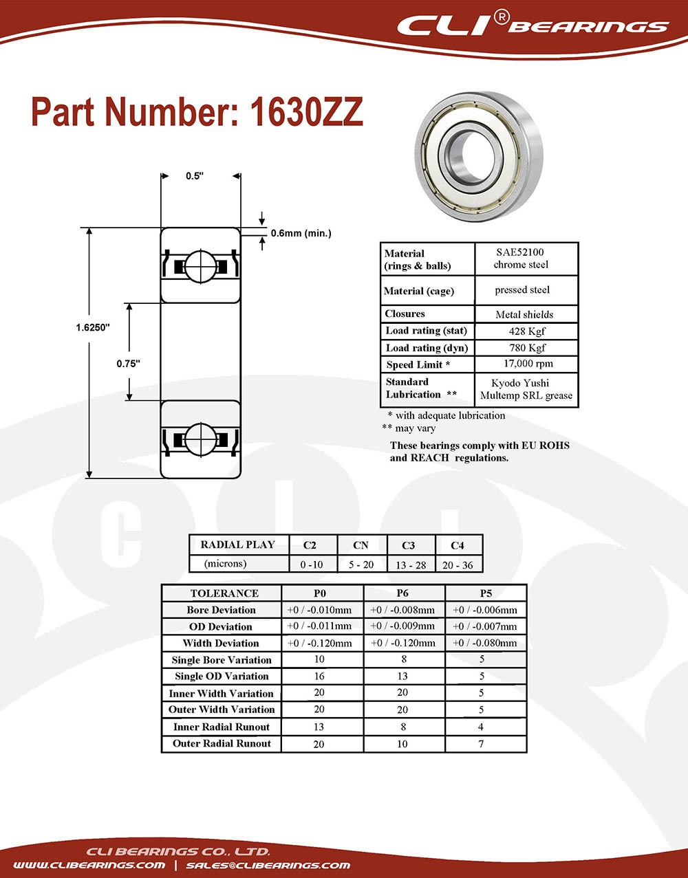 Original 1630zz bearing 3 4x1 5 8x1 2 0 75 x 1 625 x 0 50 inch   cli bearings co ltd nw