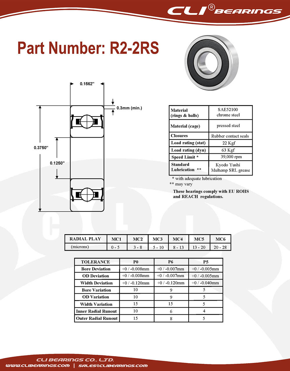 Original r2 2rs miniature bearing 1 8x3 8x5 32 0 125 x 0 375 x 0 156   cli bearings co ltd nw