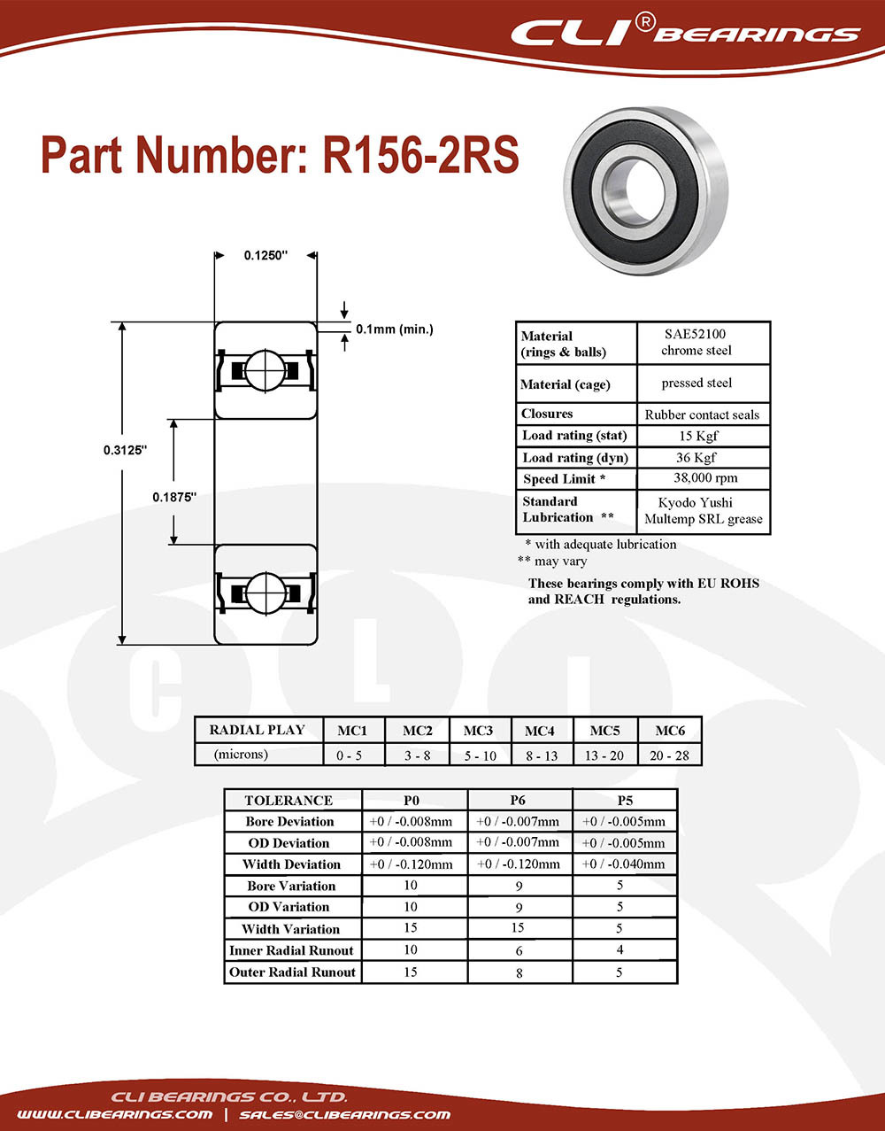 Original r156 2rs miniature bearing 3 16x5 16x1 8 0 1875 x 0 3125 x 0 125 inch   cli bearings co ltd nw