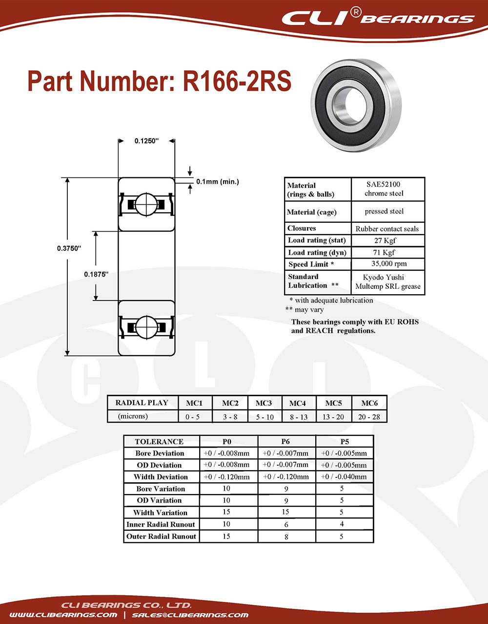Original r166 2rs miniature bearing 3 16x3 8x1 8 0 1875 x 0 375 x 0 125 inch   cli bearings co ltd nw