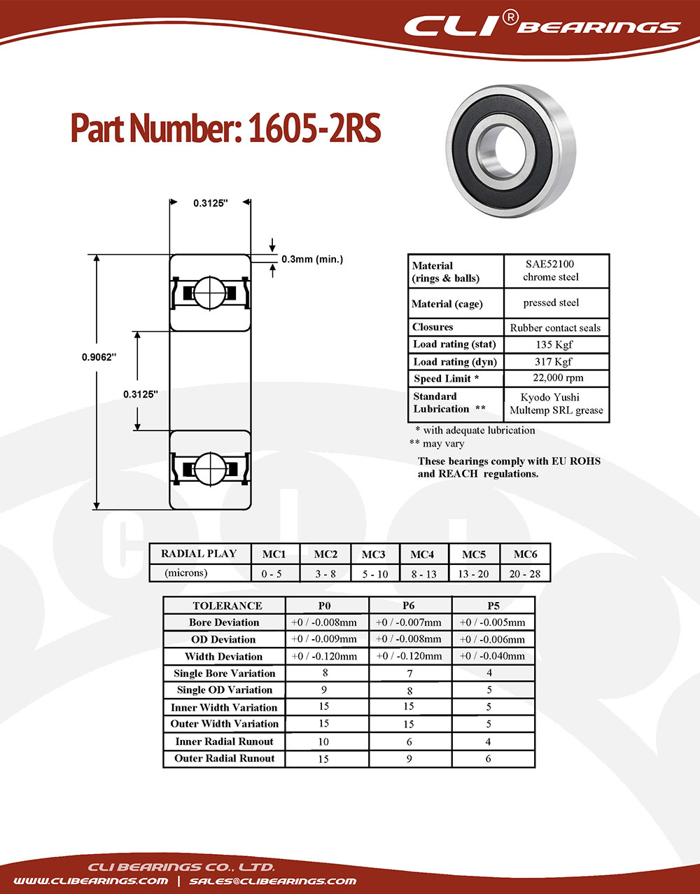 Original 1605 2rs bearing 5 16x29 32x5 16 0 3125 x 0 9062 x 0 3125   cli bearings co ltd nw