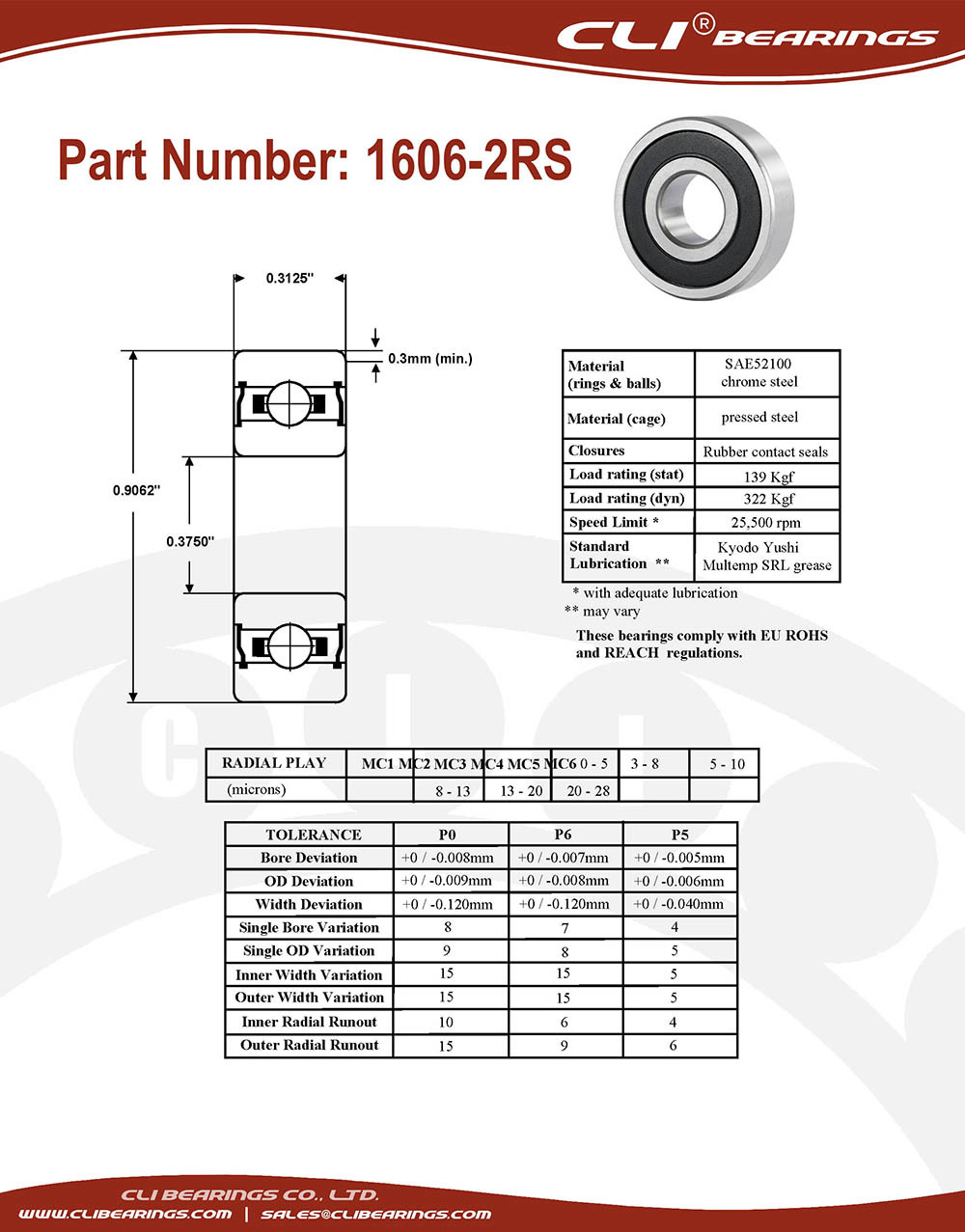 Original 1606 2rs bearing 3 8x29 32x5 16 0 375 x 0 9062 x 0 3125   cli bearings co ltd nw