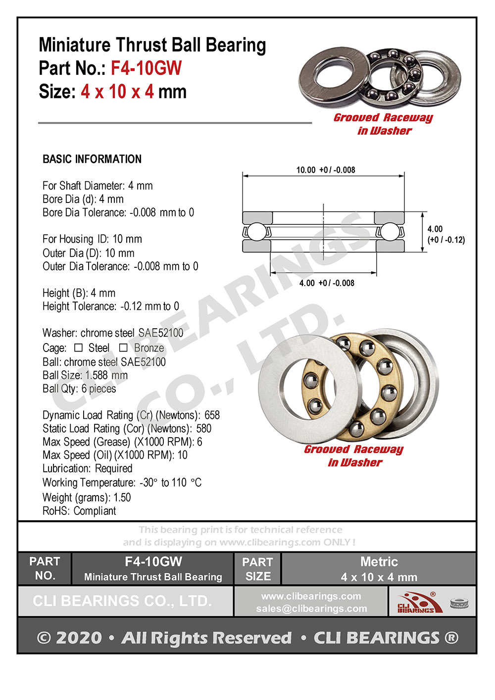 Original f4 10gw f4 10m miniature thrust ball bearing 4x10x4mm nw