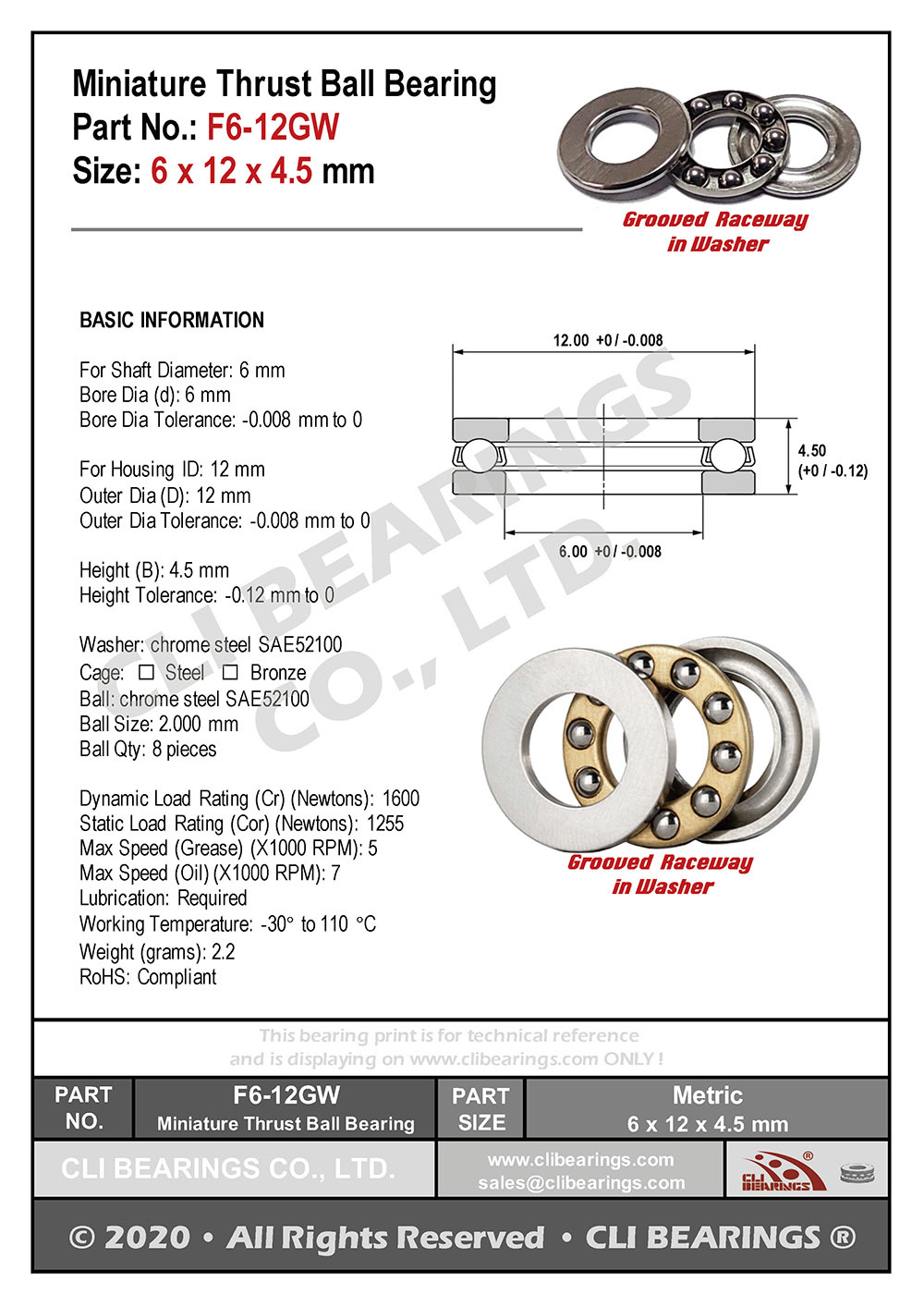 Original f6 12gw f6 12m miniature thrust ball bearing 6x12x4 5mm nw