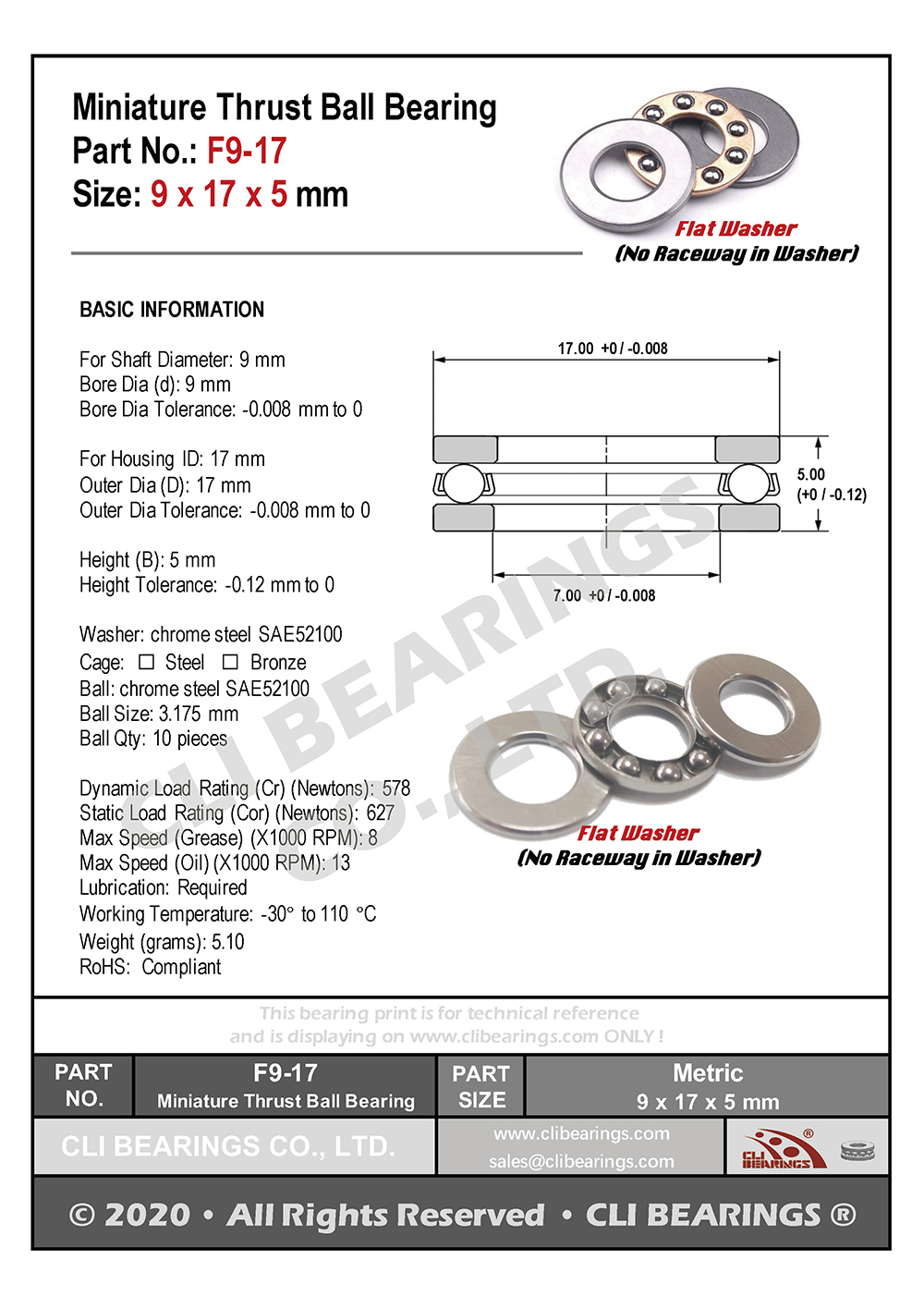 Original f9 17 miniature thrust ball bearing 9x17x5mm nw