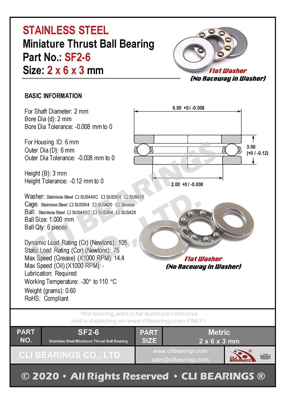 Original sf2 6 stainless steel miniature thrust ball bearing 2x6x3mm nw