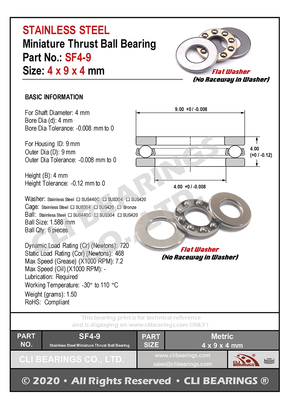 Original sf4 9 stainless steel miniature thrust ball bearing 4x9x4mm nw