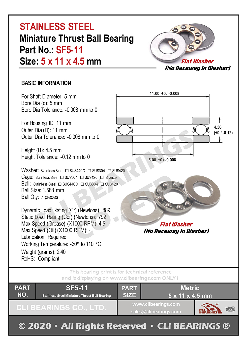 Original sf5 11 stainless steel miniature thrust ball bearing 5x11x4 5mm nw