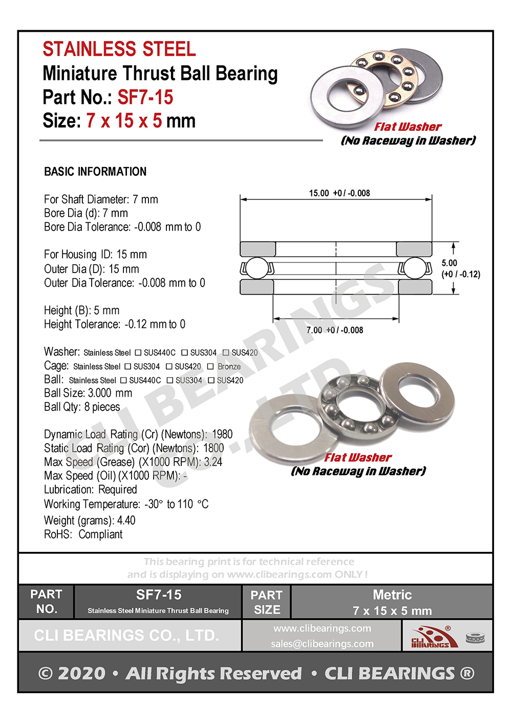 Original sf7 15 stainless steel miniature thrust ball bearing 7x15x5mm nw