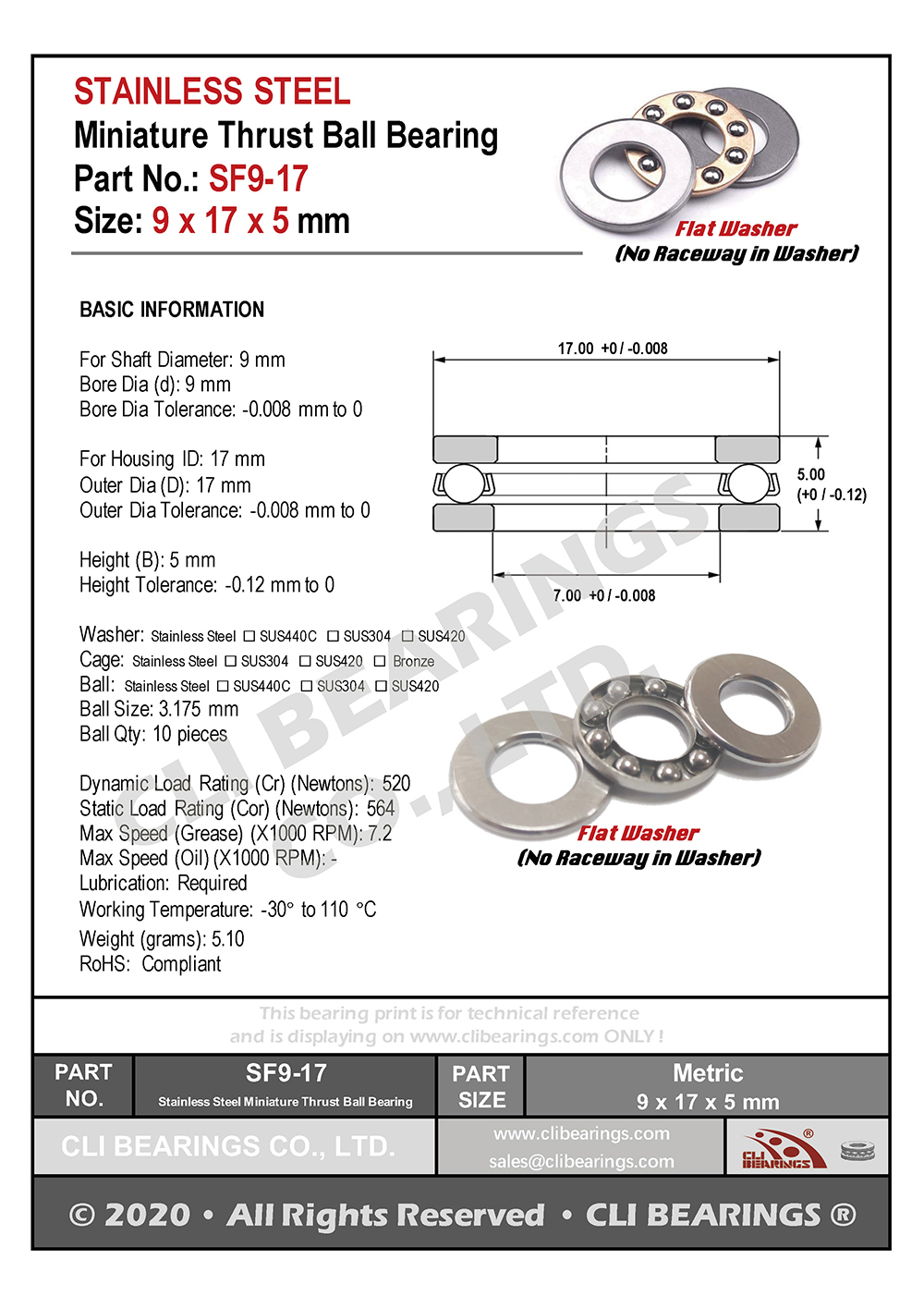 Original sf9 17 stainless steel miniature thrust ball bearing 9x17x5mm nw