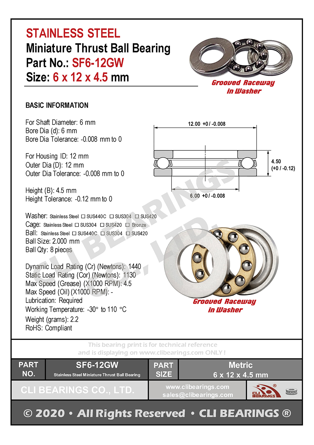 Original sf6 12gw sf6 12m miniature thrust ball bearing 6x12x4 5mm nw