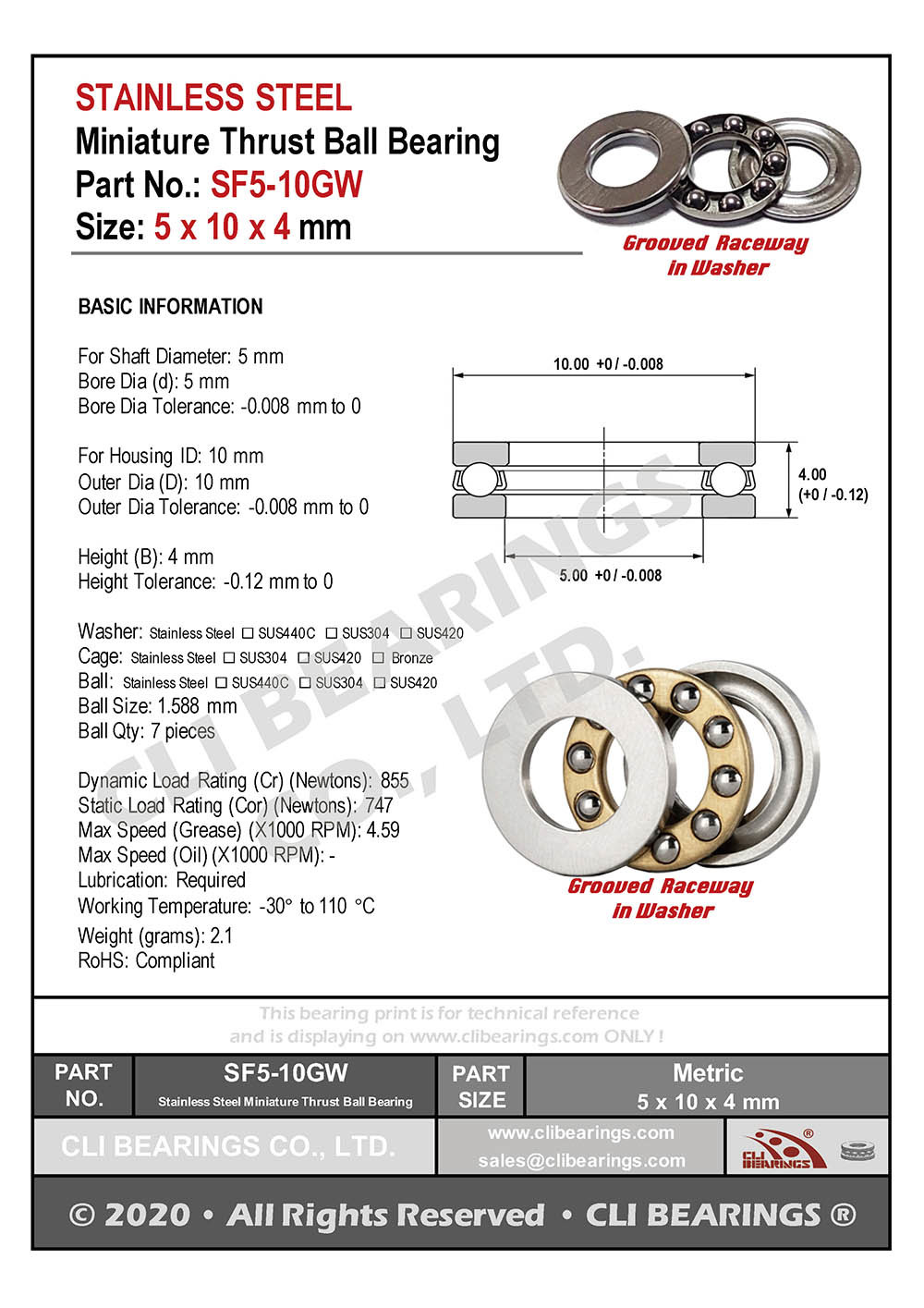 Original sf5 10gw sf5 10m stainless steel miniature thrust ball bearing 5x10x4mm nw