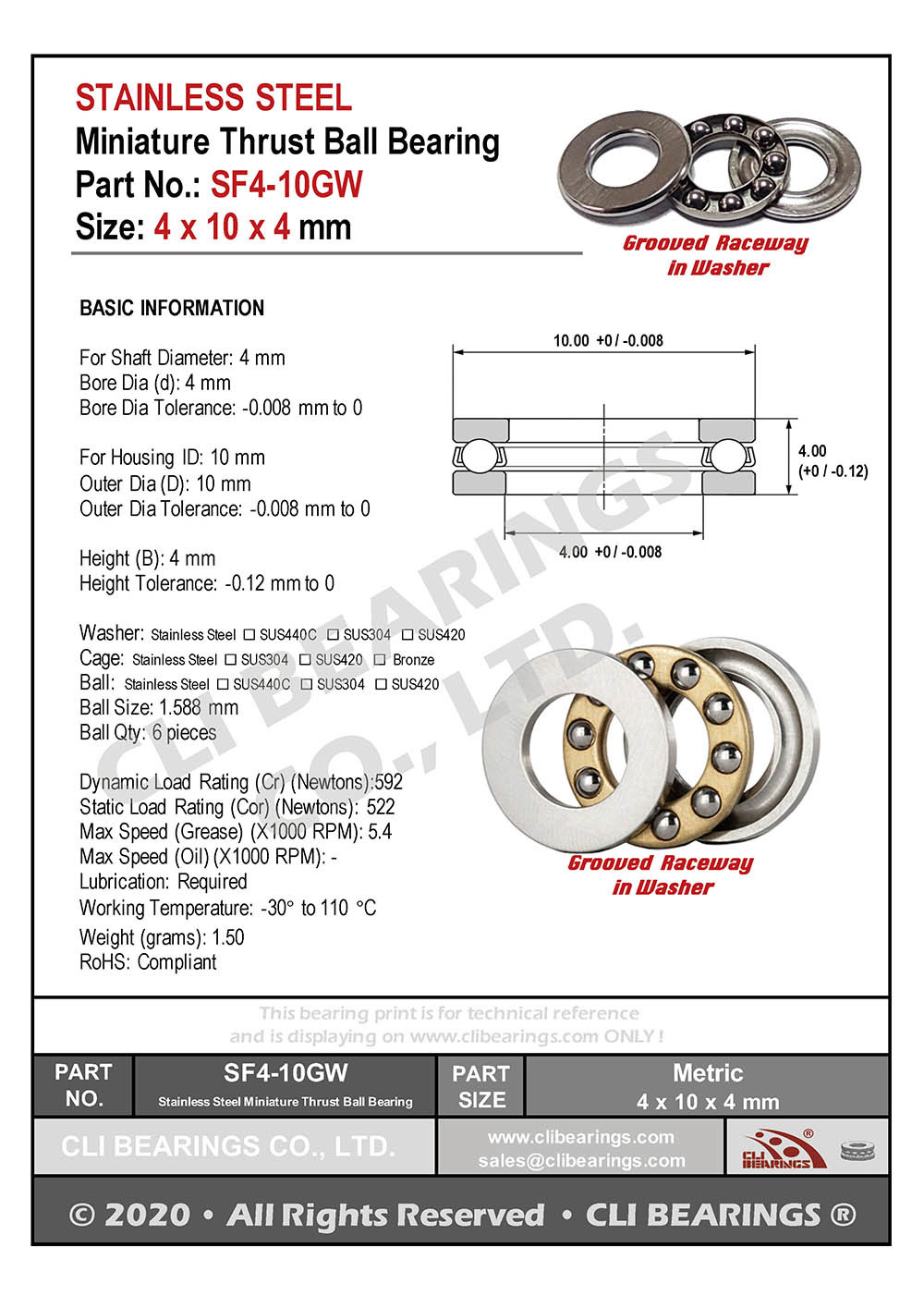 Original sf4 10gw sf4 10m stainless steel miniature thrust ball bearing 4x10x4mm nw